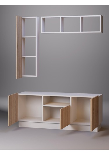 Detamob Lora Tv Ünitesi, Tv Sehpası Açık Raf Ve Dolabı, Beyaz/sonoma & Karbon Gri/sonoma Beyaz