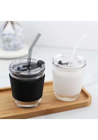 Kangvka Beyaz Cam Kahve Bardak, Kapak Ve Pipetli, Islak İçecekler İçin Fonksiyonel Tasarım Beyaz