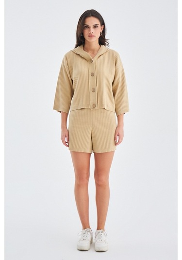 Peraluna Mujo Cardıgan & Shorts %100 Pamuk Kadın Triko Şort Takım Bej