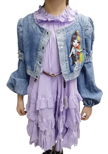 Kız Çocuk Yakası Fırfırlı Kot Ceket Lila Renk İkili Takım Elbise Lila