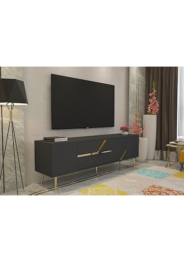 Ufa Tv Sehpası Tv Ünitesi 150 Cm Antrasit Altın