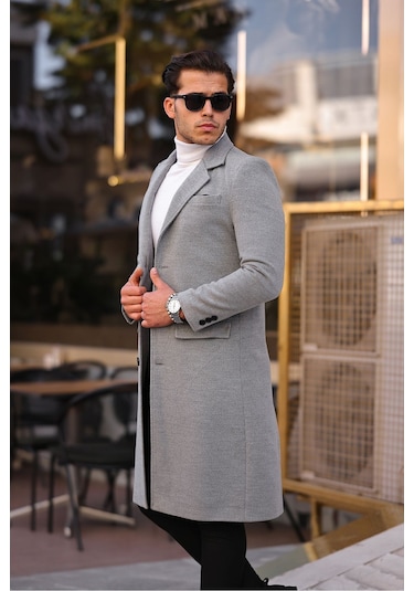 Erkek Açık Gri Dar Kesim Uzun Yün Karışımlı Kaşe Kaban Açık Gri