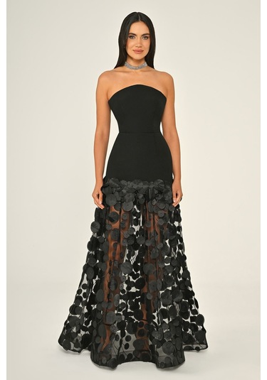 Krep Eteği 3 Boyutlu Tül Uzun Abiye Elbise Alfa Beta B7067 Siyah - Siyah