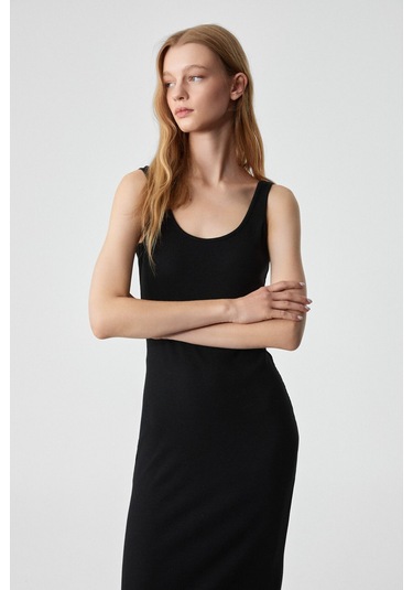 GRIMELANGE Sofutey Kadın Slim Kolsuz Oyuk Yaka Düz Paça Siyah Elbise Siyah