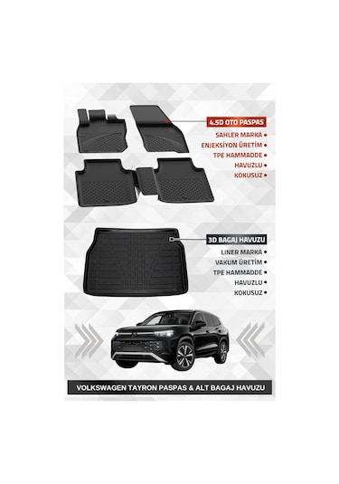 Sahler Volkswagen Tayron 2024+ Uyumlu 4.5d Premium Havuzlu Oto Paspas Ve Liner Marka 3d Alt Bagaj Havuzu