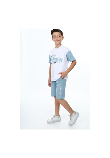 Erkek Çocuk Kısa Kollu Yazı Baskılı Şortlu Takım-5890-Mavi