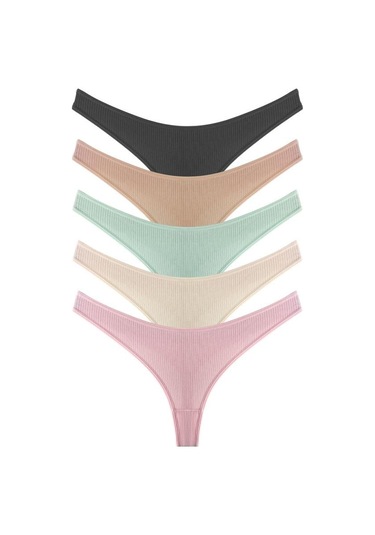 Kadın Pamuklu Ve Likrali Fitilli Kaşkorse Tanga Külot 5'li Paket Renkli-1 Çok Renkli