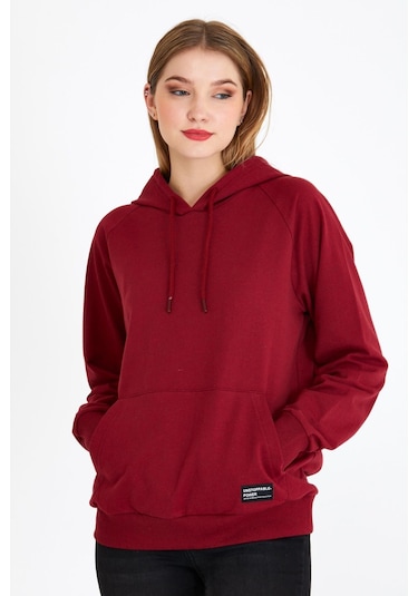 Comeor Kadın Bordo Basic Kapüşonlu Regular Fit Rahat Sweatshirt 001
