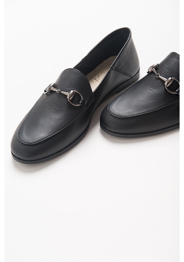 Luvishoes F03 Hakiki Deri Kadın Loafer Ayakkabı Siyah Cilt Siyah