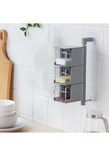 Kosona Duvar Üstü 3 Bölmeli Baharat Kutusu Seti - Deliksiz Yapıştırıcı Montaj - Gri Renk - 3 Kaşık Dahil Diğer