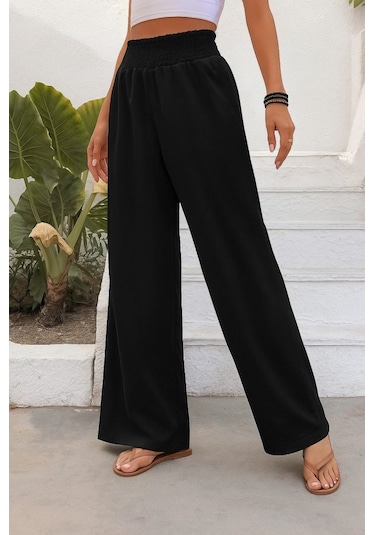 Munn Collection Kadın Yüksek Bel Lastikli Ithal Krep Pantolon Siyah