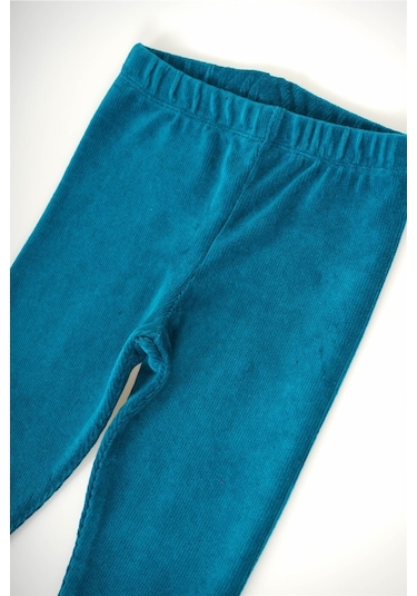 Kız Çocuk Bel Lastikli Fitilli Kadife Tayt Petrol Mavi