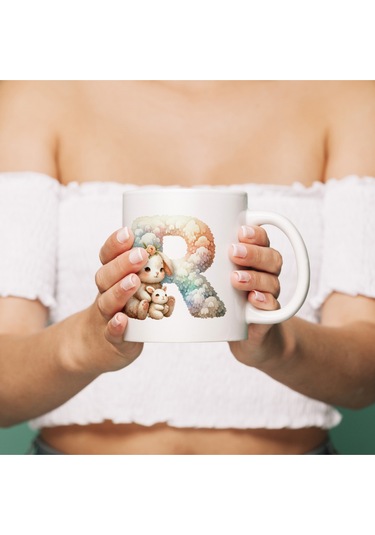 R Harfi Tasarım Bardak, Sevimli Hayvan Temalı Harf Bardağı Beyaz