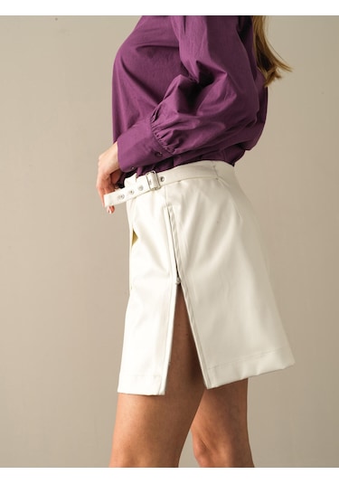 Xint Yüksek Bel Regular Fit Deri Görünümlü Etek 23KB01270368-46 Ekru