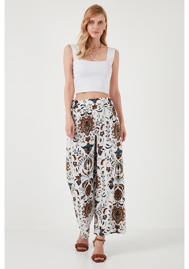 Lela Desenli Beli Lastikli Bol Paça Rahat Kesim Bayan Pantolon 5865217 Beyaz-Kahve
