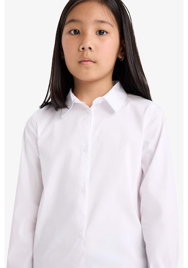 Defacto Kız Çocuk Okula Dönüş Slim Fit Dar Kesim Bengalin Uzun Kollu Gömlek K9023a625auwt34 Beyaz