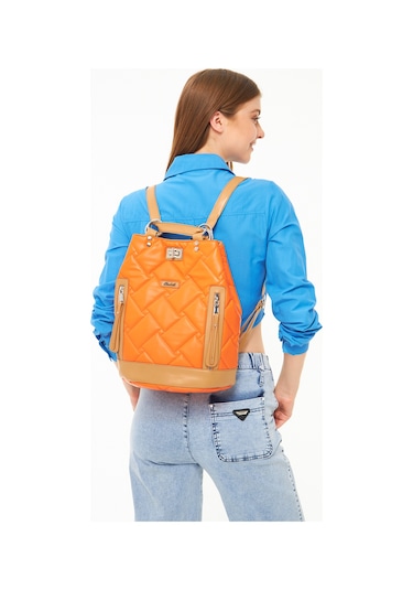 Morpelikan Orange Kapitone Nakışlı Kadın Sırt Çantası Orange