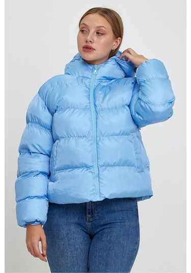 Alisse Kadın Mavi Kapüşonlu Şişme Mont Kaban Mavi