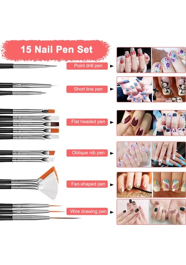 Vkemall Pembe Manikür Aleti Seti: 15 Fırça + 5 Çift Uç Nokta Kalemi + 4 Sticker + 2 Dekor Kutusu + Altın Folyo + 10 Renkli Tel + Pinzet