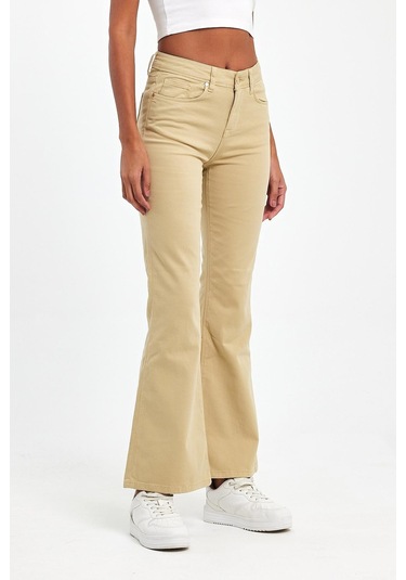 Explode - Kadın Bej Likralı 5 Cep Flare Pantolon-bej Bej