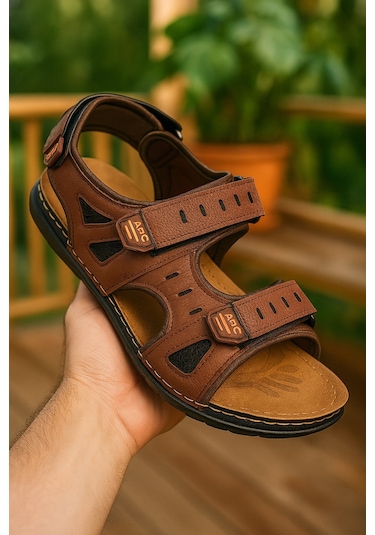 Günlük Erkek Sandalet Kalın Ortopedik Dikişli Taban Cırtlı Havuz Deniz Ayakkabısı 5201 Kahverengi