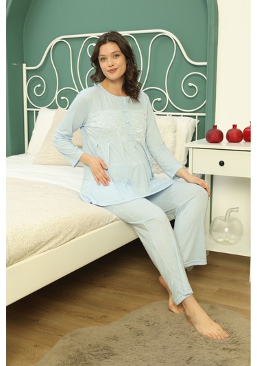 Göğüs Dantel Detaylı Kadın Hamile Pijama Takımı 1031 Mavi