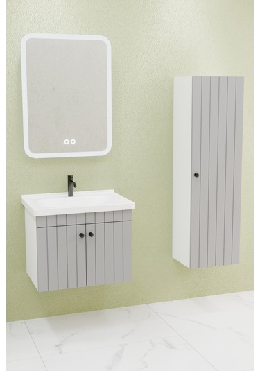 Avien 65 Cm Banyo Dolabı Cmr Led Aynalı Gri - Boy Dolap Dahil Gri