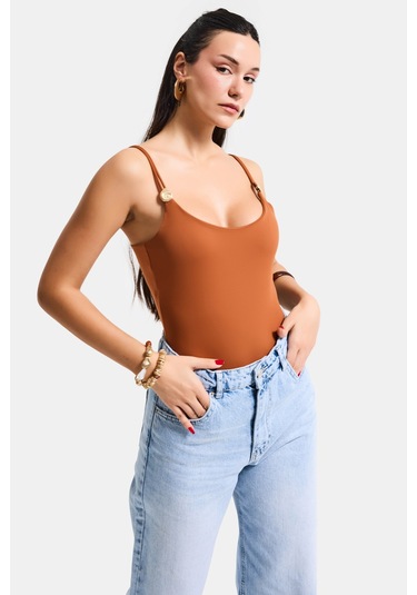 Kadın Camel S6-55 Askılı Aksesuar Detaylı Çıtçıtlı Body Kiremit