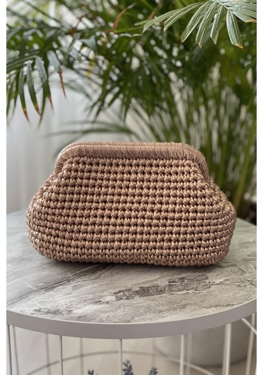 El Yapımı Rose Rengi Metalik Deri Örgü El Çantası Rose