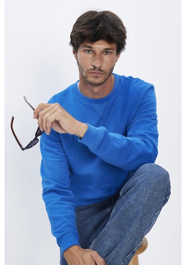 Unisex Relax Fit Rahat Kesim %100 Pamuk Basic Saks Mavi Bisiklet Yaka Sweatshirt-31743-saks Mavi Saks Mavi