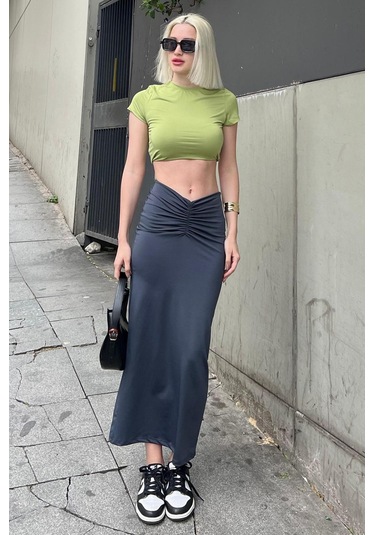 Madmext Füme Önden Büzgülü Midi Etek Mg2084 Füme