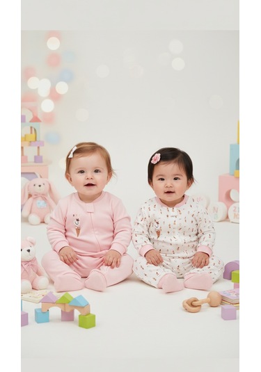 Baskılı 2'li Kız Bebek Tulum Seti 3-24 Ay Kd53128 Pembe