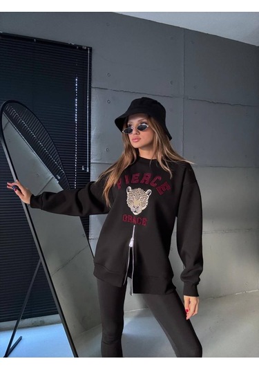 Fermuarlı Leopar Baskılı Oversize Siyah Sweat Siyah
