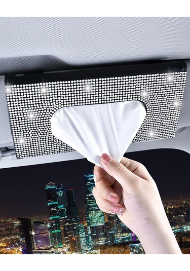 Maiyame Siyah Deri Beyaz Kristal Taşlı Otomobil Güneşlik Kağıt Havlu Kutusu Tutucu