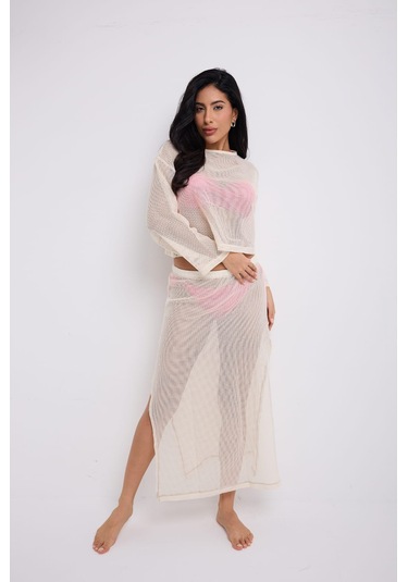 Yırtmaçlı Uzun File Etek Ekru