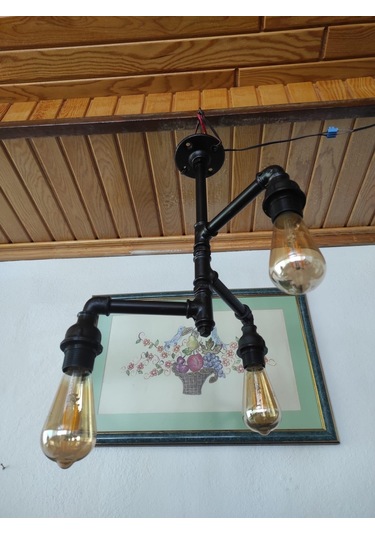 Endüstriyel Tasarım Vintage Tavan Avize Borulardan Lamba 3'li Siyah