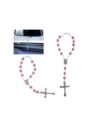 Vkemall Gül Desenli İpekbilezik, Inci Takı, Haç Tasarımı, Meçhul Dini Alet, Pembe Rengi Beyaz Taşlı Rose