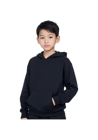 Kanguru Cepli Kapüşonlu Düz Baskısız Erkek Çocuk Eşofman Takımı Siyah