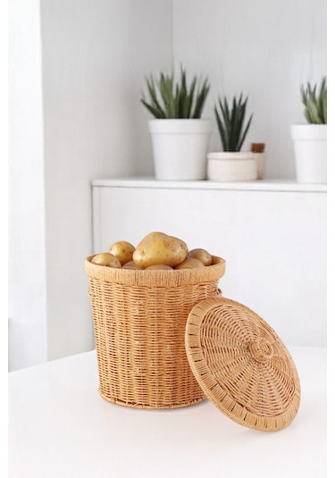 3'lü Hasır Kapaklı Patates Soğan Sepeti Seti Rattan Görünümlü Çok Amaçlı Mutfak Sepeti Kahverebgi