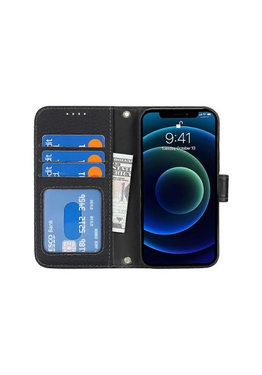 İphone 13 Mini Stand Kılıf Litchi Dokulu Hakiki İnek Derisi Cüzdan Telefon Kılıfı Rfıd İle Uyumlu Çok Renkli