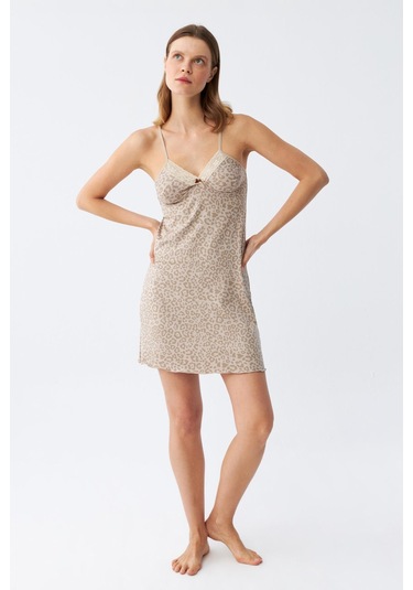 Akbeniz Kadın Penye Vizon Leopar Desenli İp Askılı Gecelik 36717 Vizon