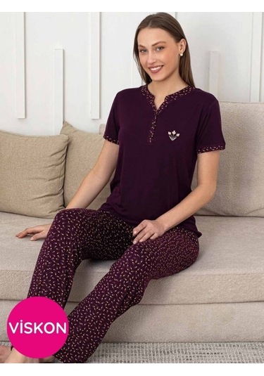 Kadın Mürdüm Desenli V Yaka 3 Düğmeli Likralı Viskon Kısa Kol Pijama Takımı Mürdüm
