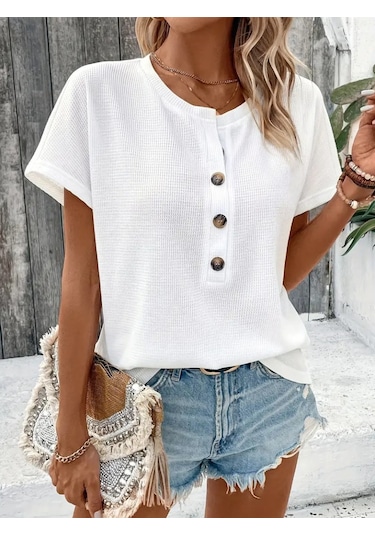 Kadın Kısa Kollu Yakası Açık Önden Düğmeli Waffle Bluz Beyaz