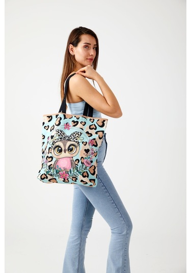 Ays Home Sevimli Leopar Bez Alışveriş Plaj Omuz Çantası Mint