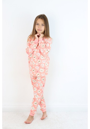 Kız Çocuk Orta Kalınlıkta Basic Baskılı Pijama Takımı Somon