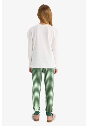 Defacto Kız Çocuk Pijama Takımı Baskılı Uzun Kollu Üst Kareli Uzun Alt F1083a825auer105 Ekru