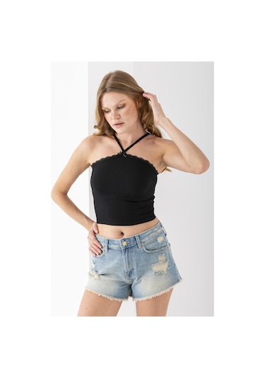 Giysa Kadın Çapraz Askılı Dantel Detaylı Crop Body Siyah - Ms0000309 Siyah