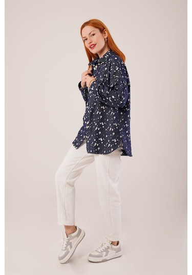 Eskitme Görünümlü Denim Mavi Gömlek Mavi