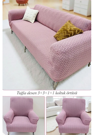 StarMall Tuğla Desen Koltuk Örtüsü Çekyat Kılıfı 3311 Takım a Pembe