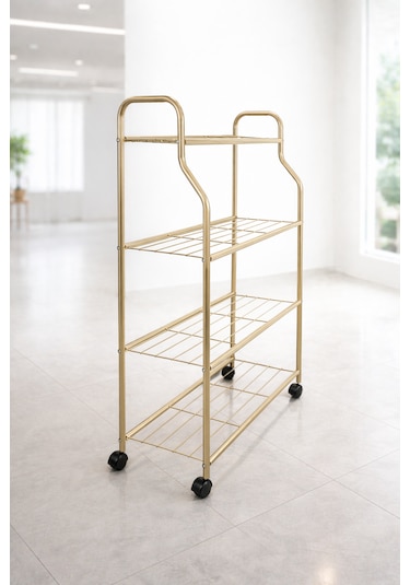 Modern Gold 4 Katlı Tekerlekli Metal Çiçeklik Standı: Çok Amaçlı Mutfak,kitaplık&dekoratif Lüks Stand